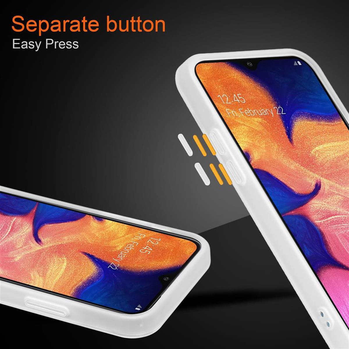 Weißes Handycase und Telefon. Text: Separate Taste, Easy Press. Telefon zeigt Datum und Uhrzeit.