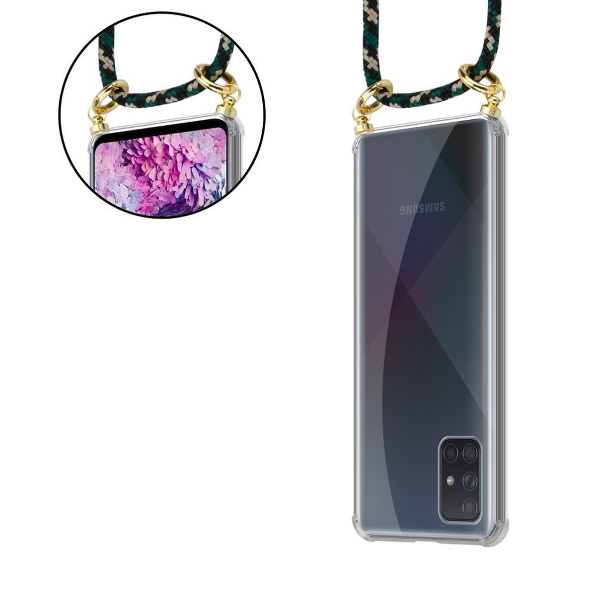 CAMOUFLAGE Backcover, Handy Kordel mit Band CADORABO Samsung, Ringen, Galaxy Hülle, Gold Kette abnehmbarer A71 4G, und