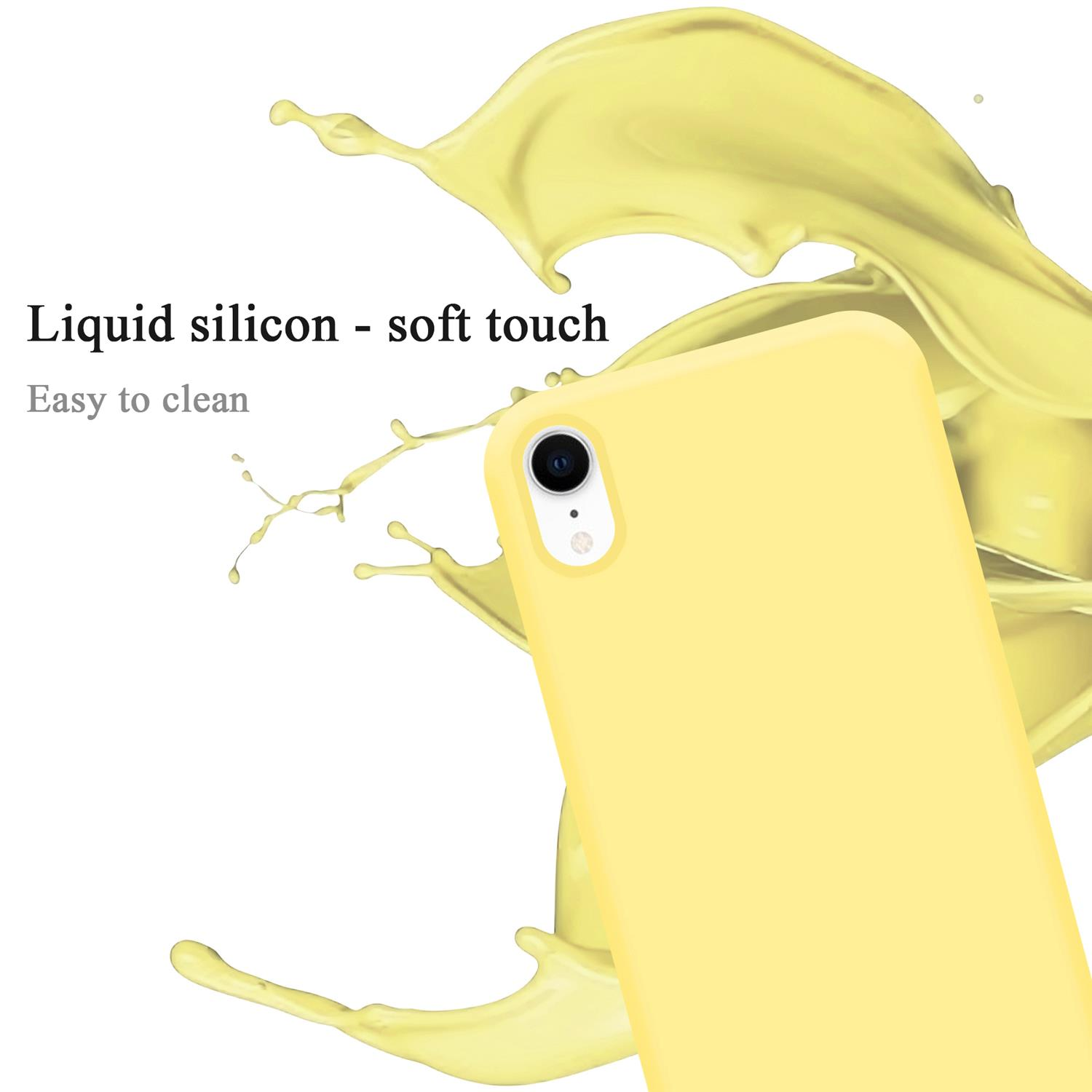 Gelbe Handyhülle mit Flüssigkeitsspritzer und Text 'Leicht zu reinigen' und 'Flüssigsilikon'.
