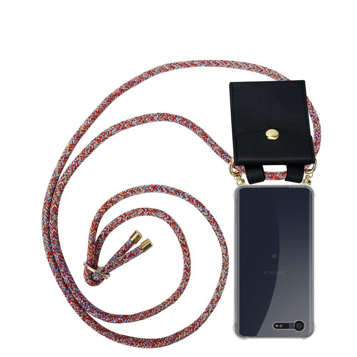 Funda de teléfono con cordón. Funda transparente con cuerda roja y morada.
