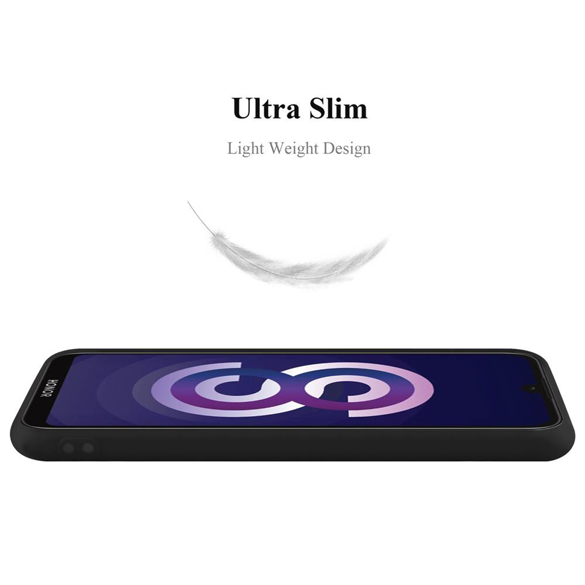 Custodia per telefono nera con grafica a piuma e le parole 'Ultra Slim, Light Weight Design'.