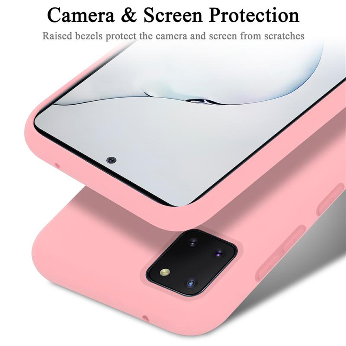 Nahaufnahme einer rosa Handyhülle mit Displayschutz.