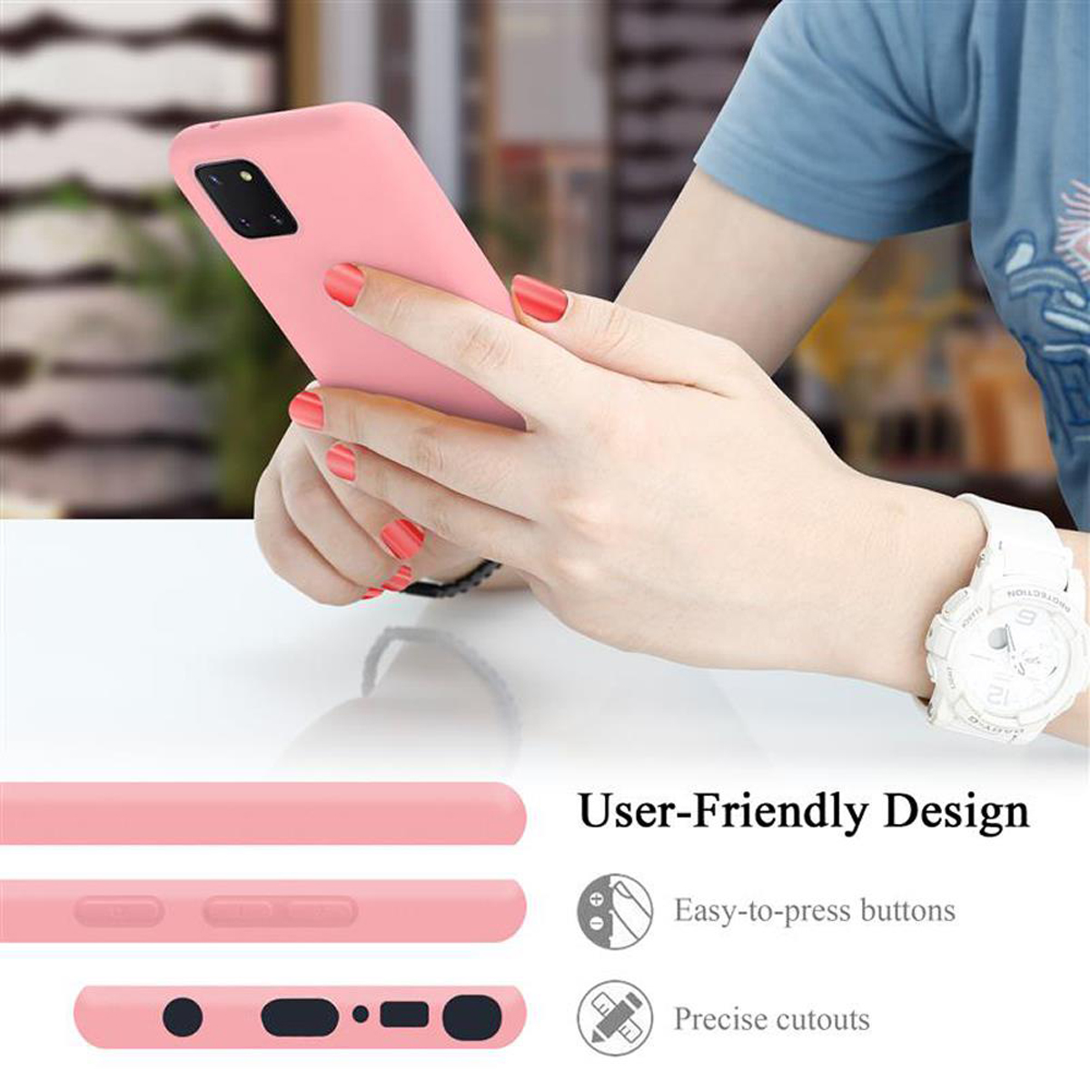 Hand einer Frau hält eine rosa Handyhülle. Benutzerfreundliches Design mit leicht zu drückenden Tasten.