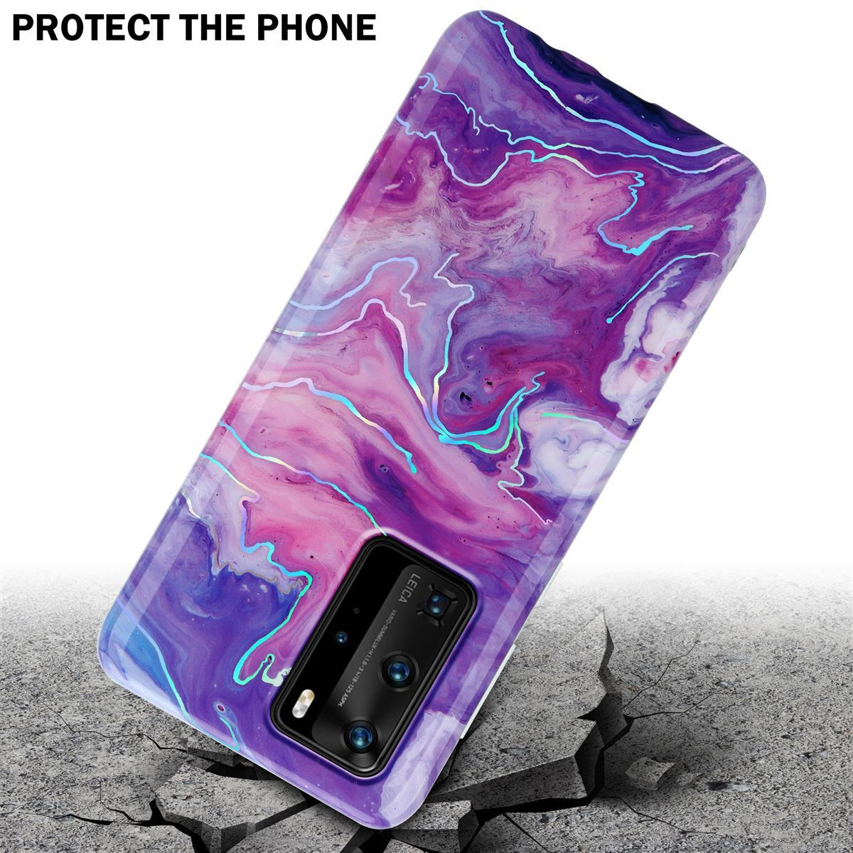 Custodia per telefono con design a marmo, terreno crepato. Testo: 'Proteggi il telefono'.
