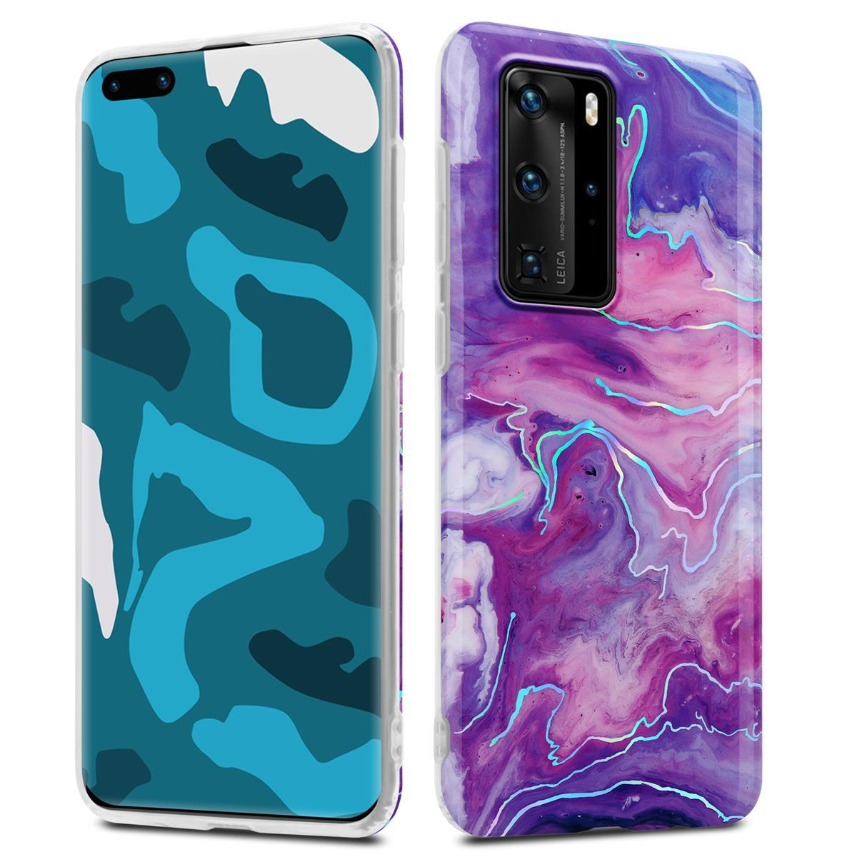 Due custodie per telefono. Una blu, una con un design viola. La fotocamera è visibile.