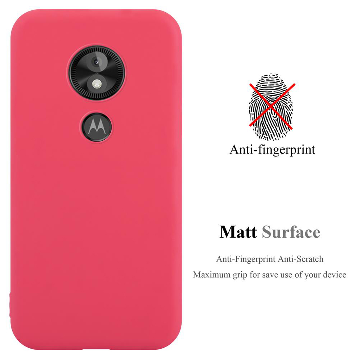 Rote Handyhülle mit Text 'Matt Surface' und Anti-Fingerabdruck-Symbol. Die Handyhülle ist auf weißem Hintergrund.
