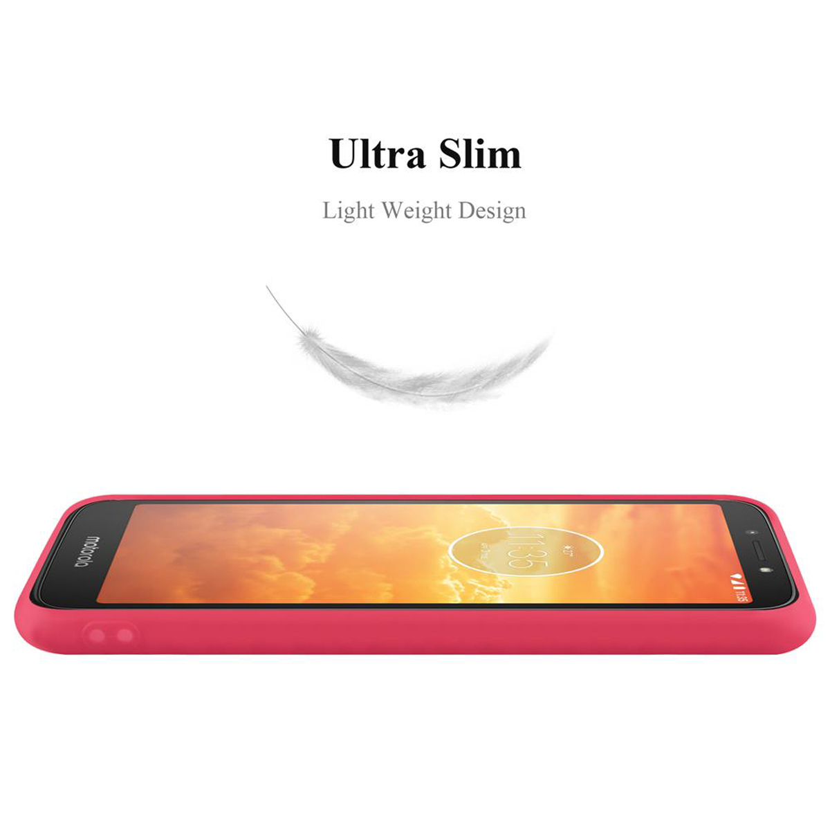 Rote Handyhülle mit weißer Feder und dem Text "Ultra Slim, Light Weight Design" auf weißem Hintergrund.