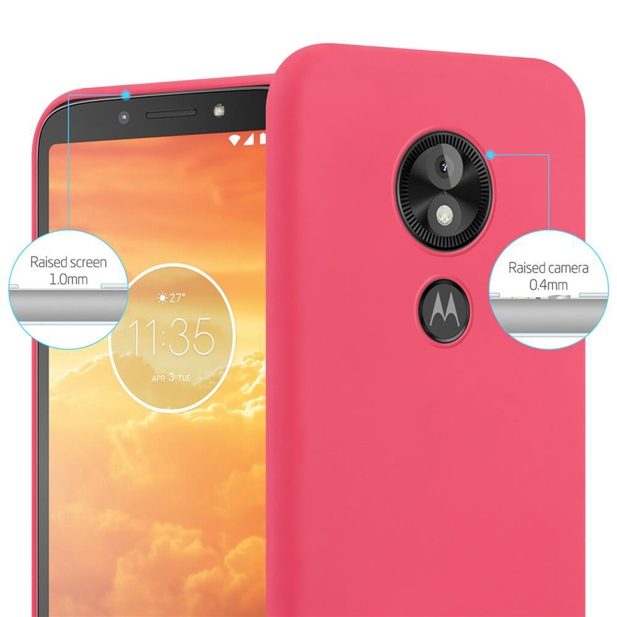 Rosa Handyhülle mit Telefon darin. Der Bildschirm zeigt eine Uhr, die Kamera hat erhöhten Schutz.
