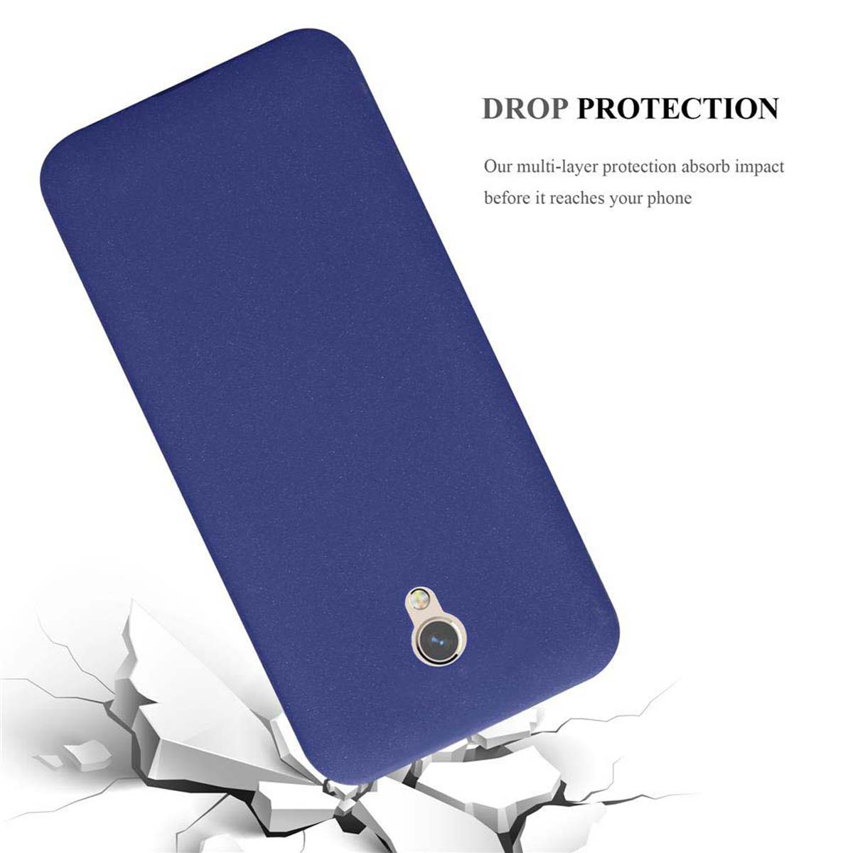 Una funda de teléfono azul descansa sobre bloques blancos destrozados. Una lente de cámara es visible.