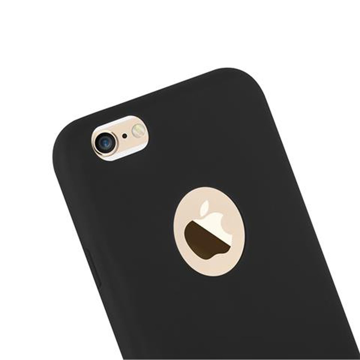 Schwarze Handyhülle mit dem Apple-Logo auf der Rückseite. Weißer Hintergrund.