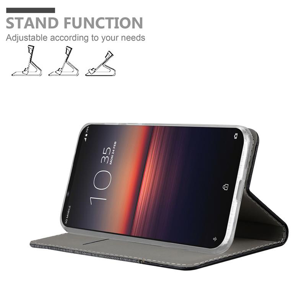 Telefono in una custodia. Testo: Funzione stand regolabile. Il telefono è in piedi.