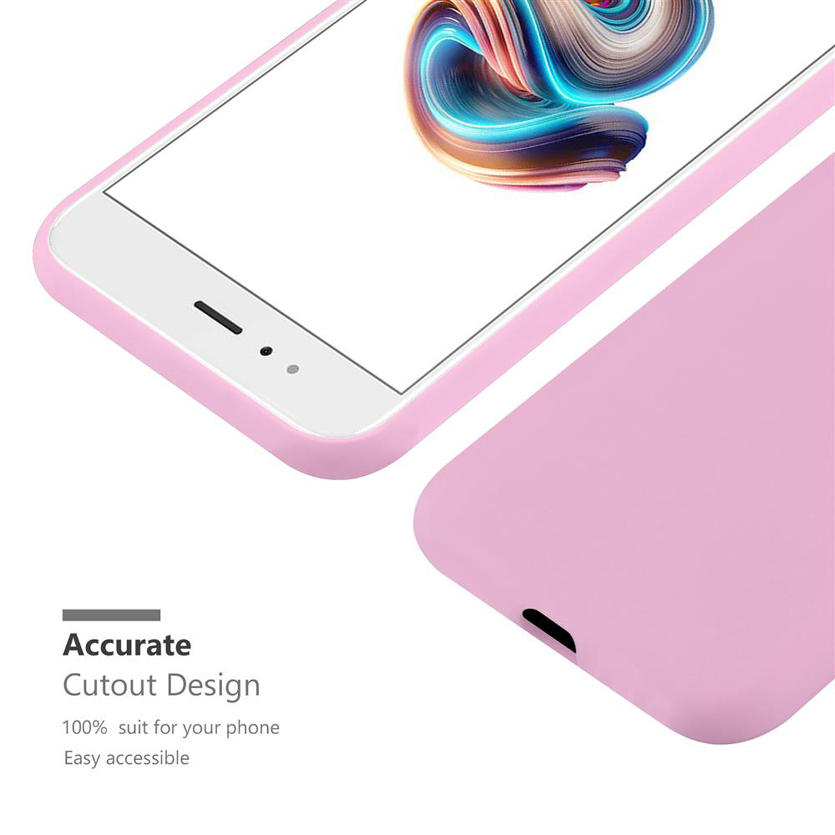 Una custodia per telefono rosa con il telefono e uno sfondo bianco. Il telefono mostra il suo schermo.