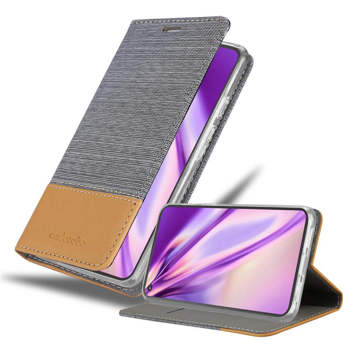 Custodia per telefono aperta, che mostra il telefono. Design nero e grigio, accento marrone. Sfondo bianco.