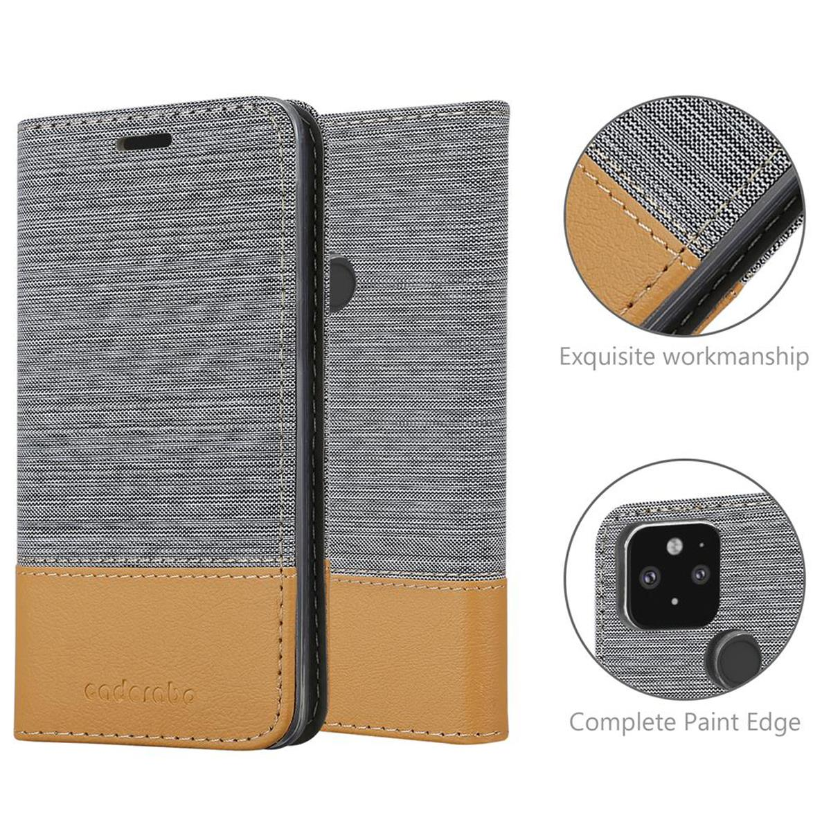 Una custodia per telefono con un design in tessuto grigio e beige, aperta, che mostra un telefono con dettagli sui lati.