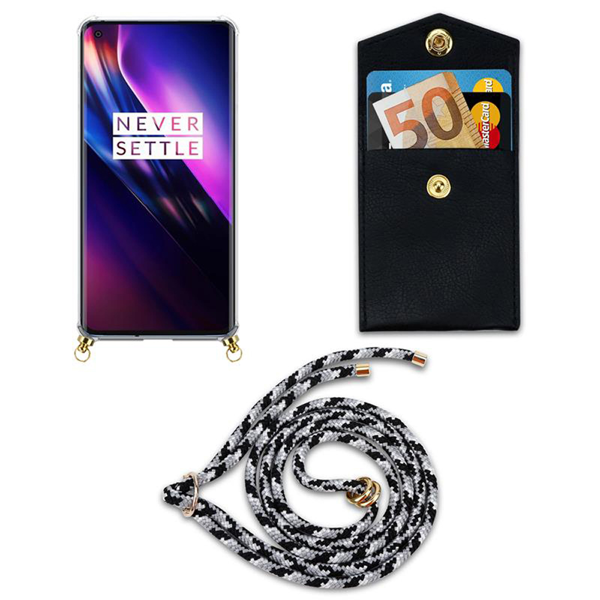 Kette CAMOUFLAGE und SCHWARZ abnehmbarer Backcover, Handy Kordel Band Hülle, mit Gold CADORABO Ringen, 8, OnePlus,