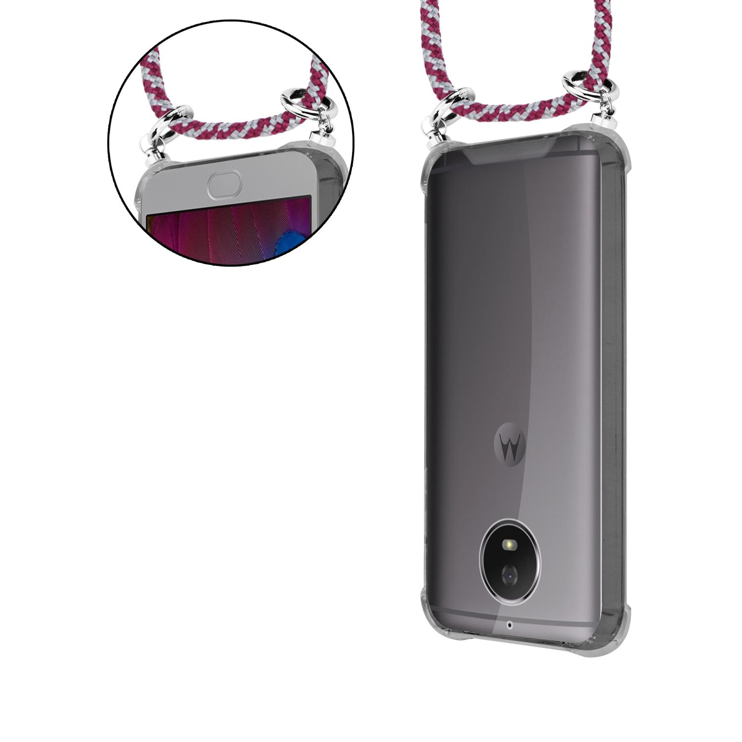 Zwei Handyhüllen mit Riemen. Eine Hülle ist an einem Telefon mit sichtbarer Rückseite befestigt.