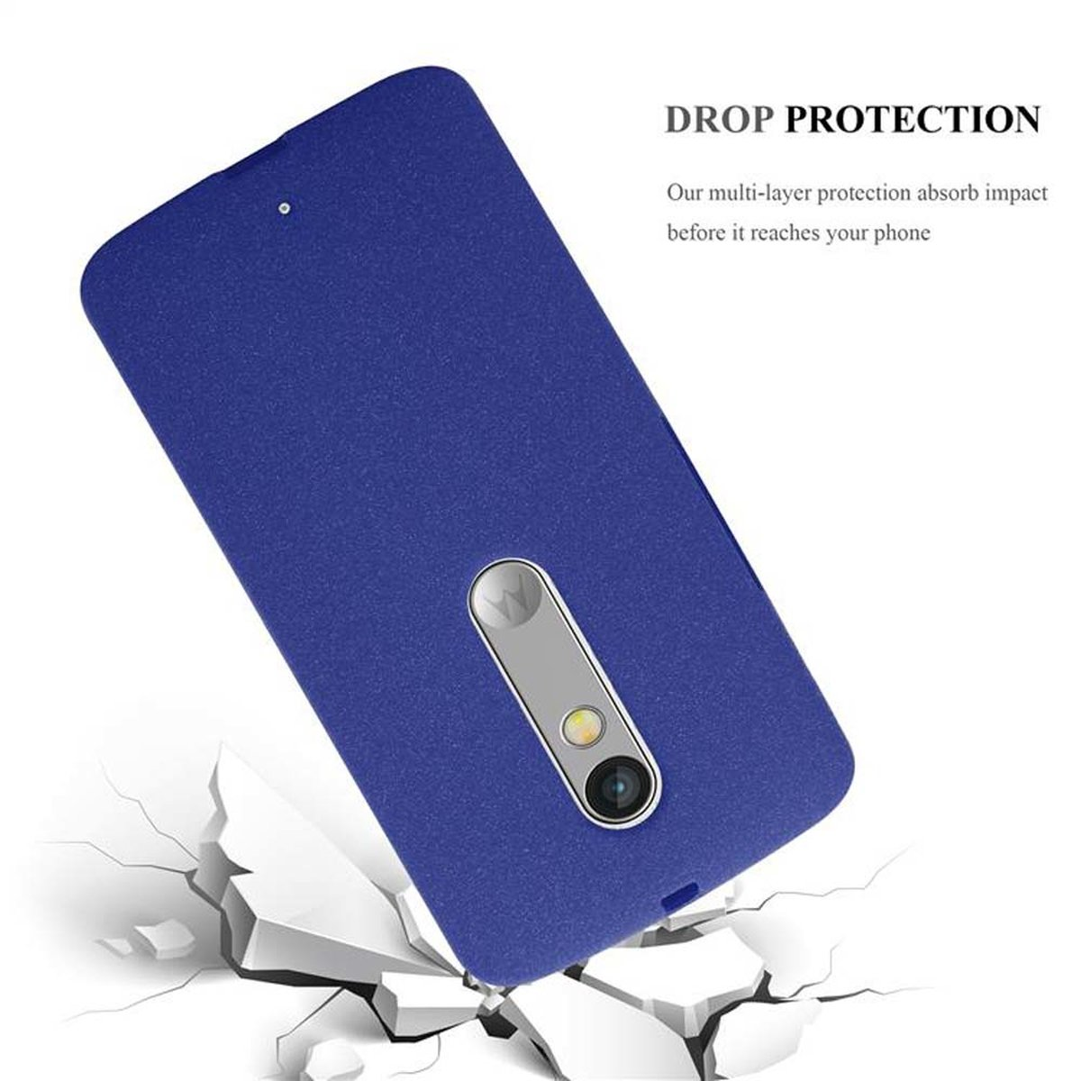 Custodia blu che cade. Testo: DROP PROTECTION. La nostra protezione multistrato assorbe l'impatto prima che raggiunga il telefono.