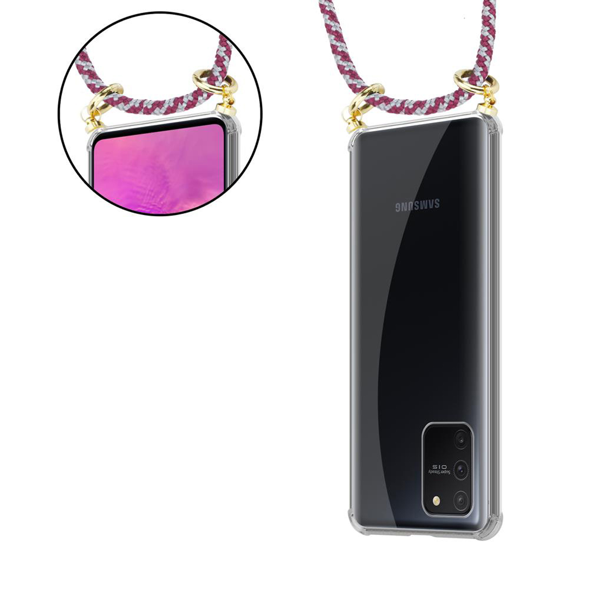 Ringen, ROT S10 LITE / abnehmbarer und M80s, Gold Backcover, WEIß Band Kordel CADORABO Samsung, Galaxy A91 Kette Handy mit Hülle, /