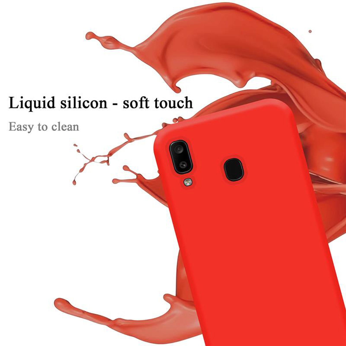Rote Handyhülle mit Telefon und Farbspritzer-Effekt. Text: Flüssiges Silikon - weiche Haptik.
