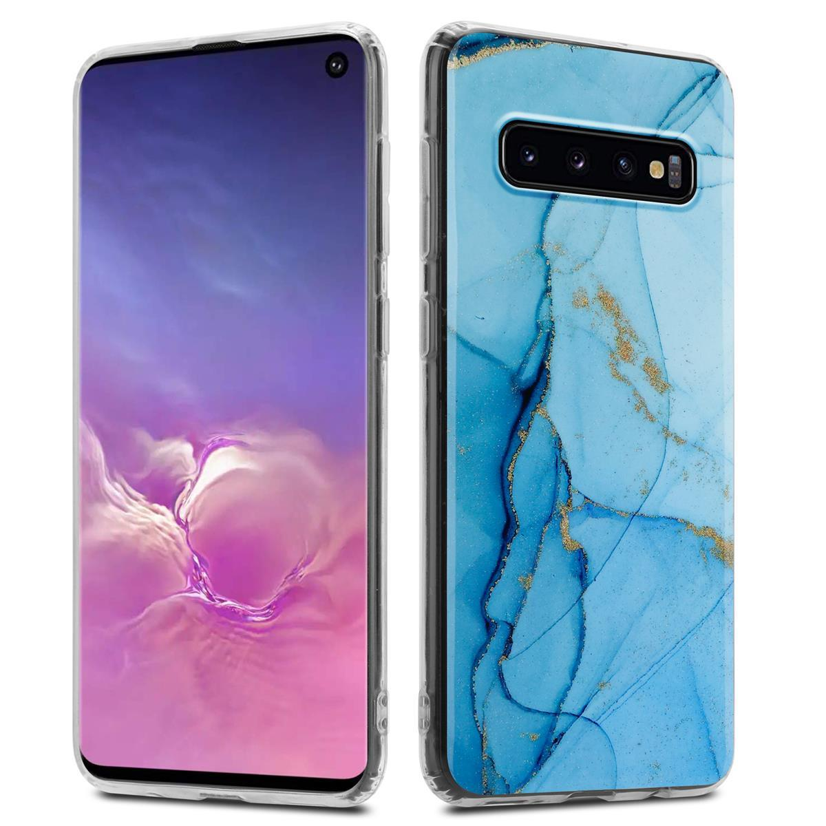 Custodia per telefono con un design a marmo blu. Lo sfondo è bianco.