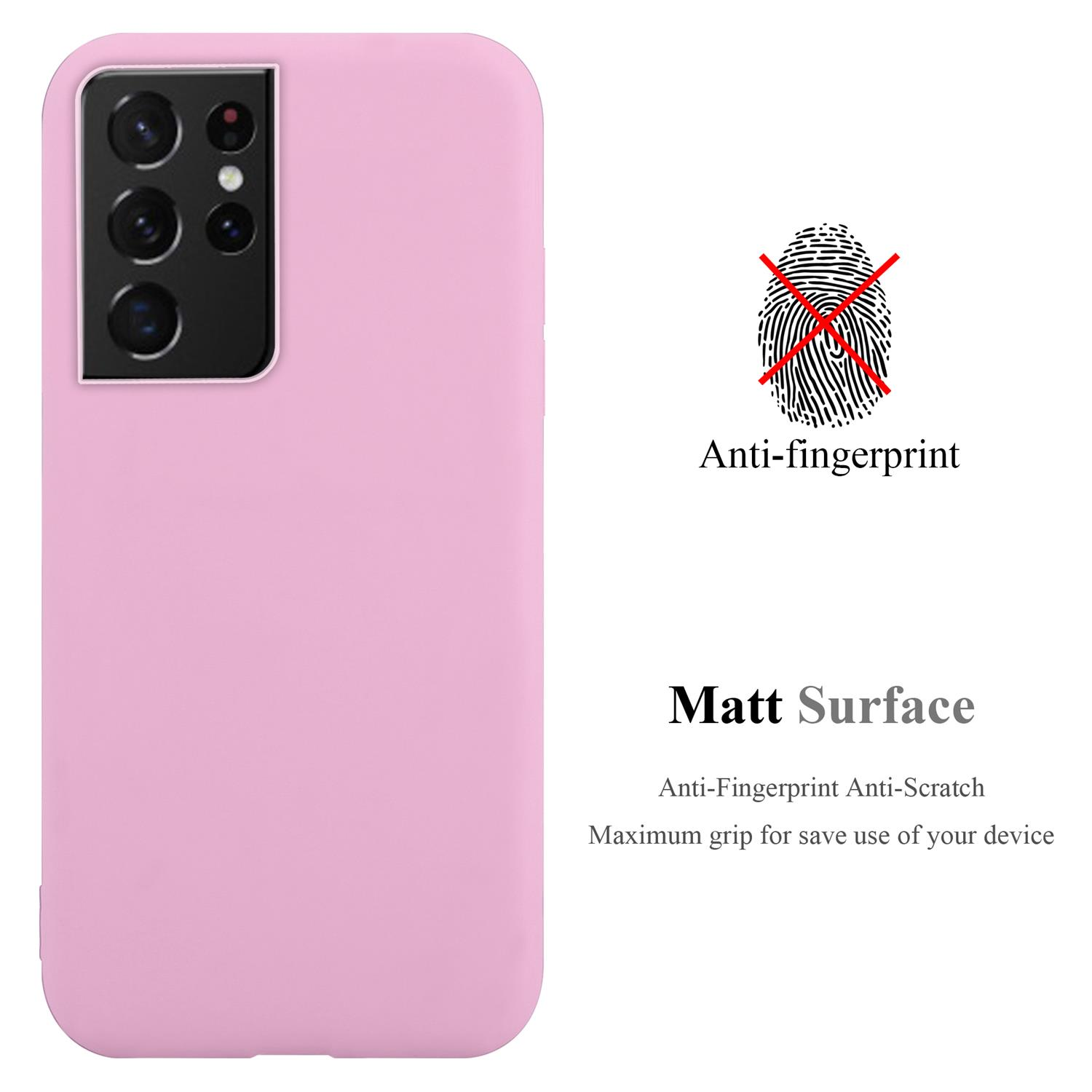 Custodia rosa per telefono con tre fotocamere e testo che dice anti-impronte e superficie opaca.