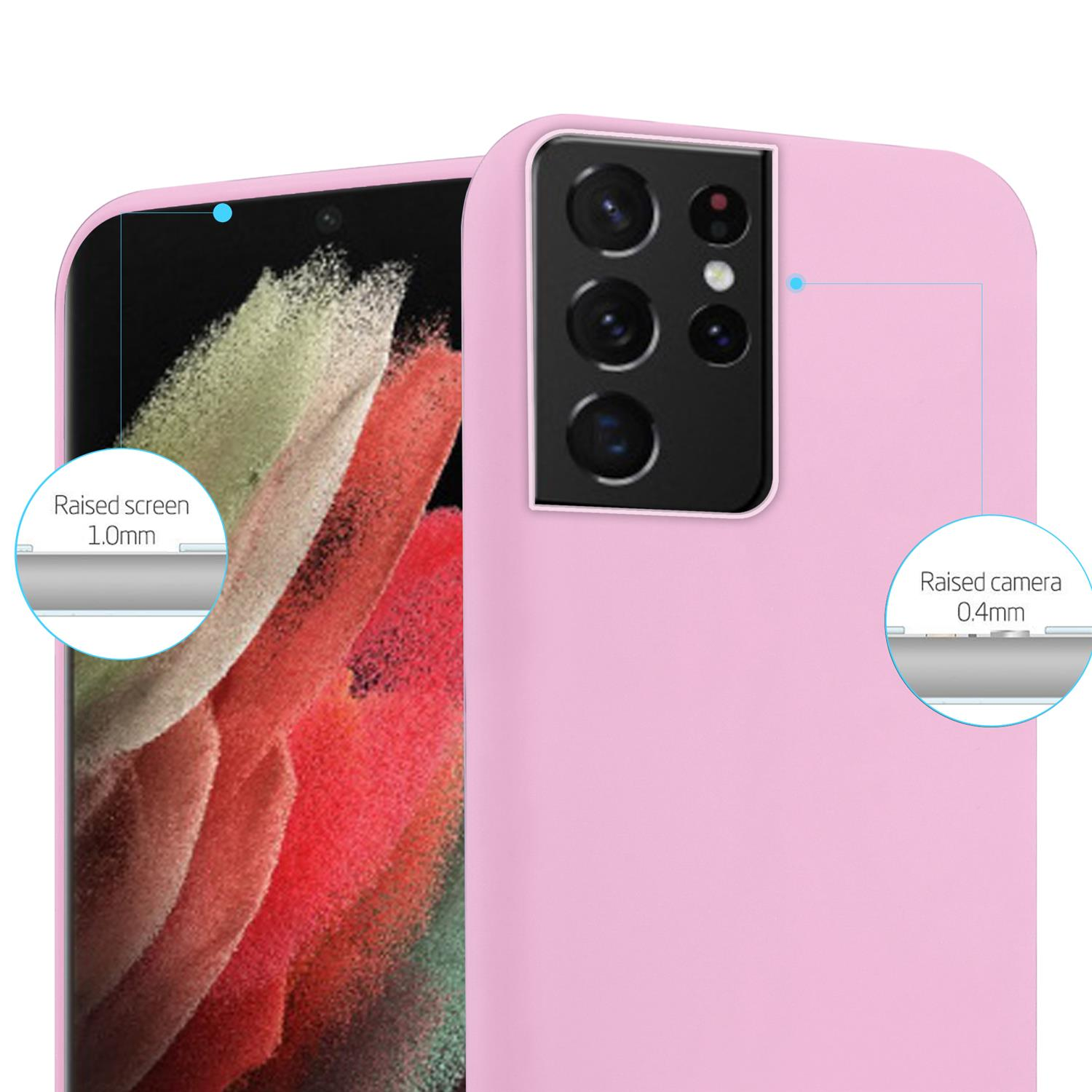 Custodia per telefono rosa con bordi rialzati per schermo e fotocamera. Il testo descrive le parti rialzate.