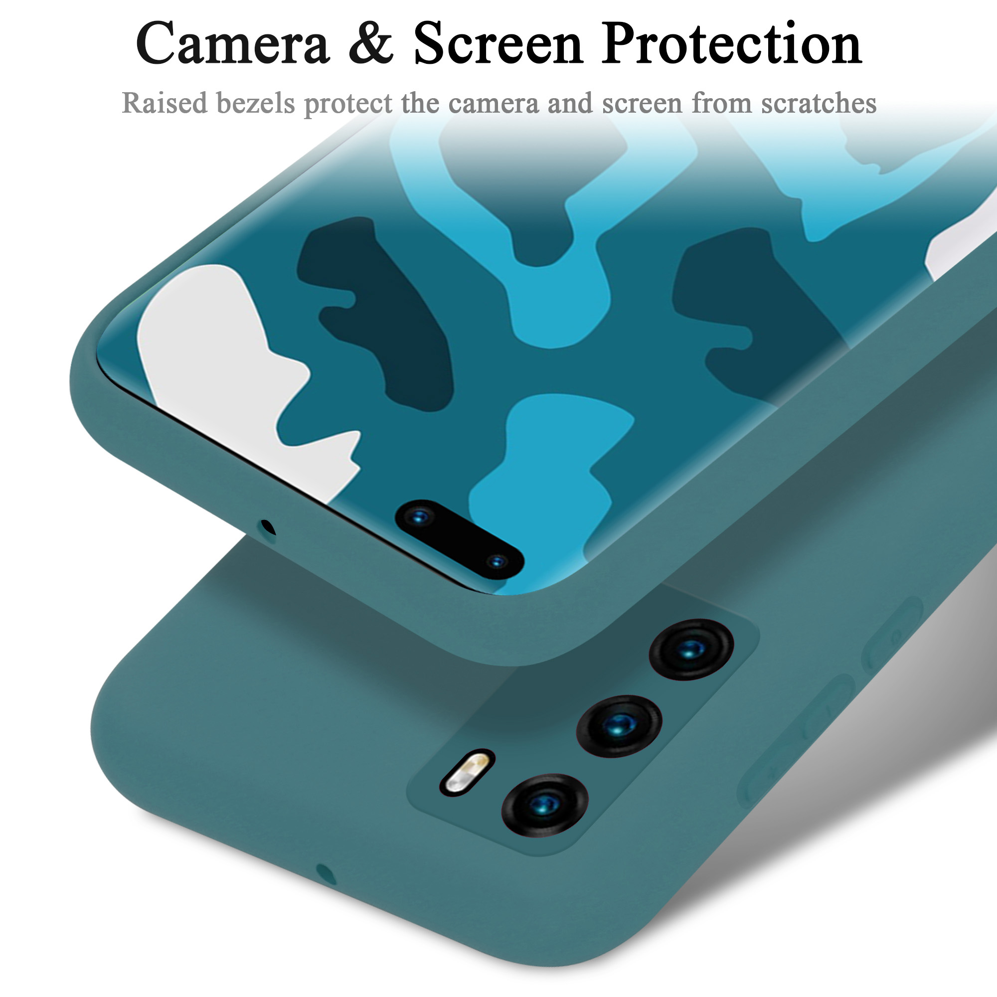 Custodia verde acqua per telefono con telefono all'interno. La custodia protegge fotocamera e schermo dai graffi.