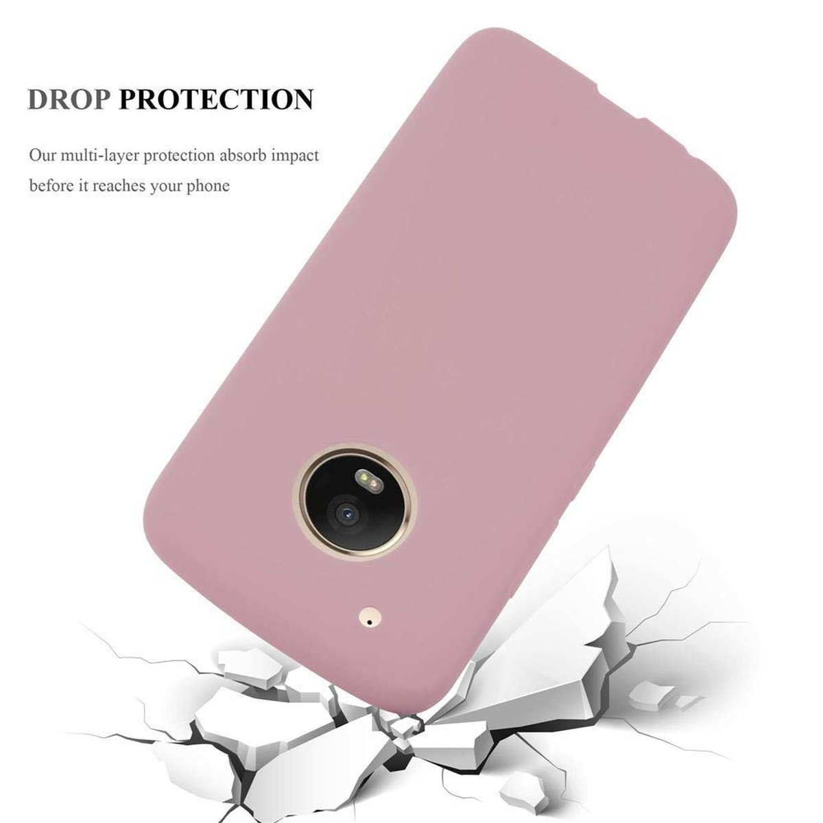 Una custodia per telefono rosa con un telefono all'interno, appoggiata su superfici bianche rotte. È indicata la protezione dalle cadute.