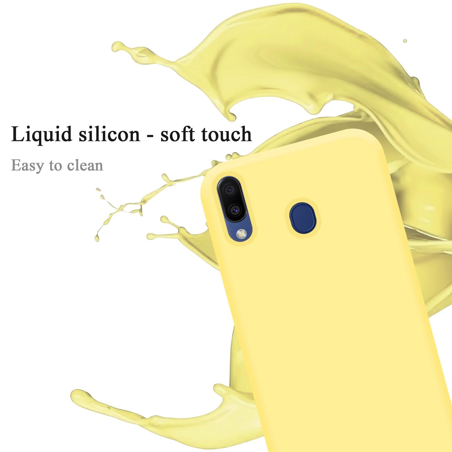 Gelbe Handyhülle mit Telefon. Gelber Flüssigkeitsspritzer im Hintergrund. Blaue und schwarze Kamera.