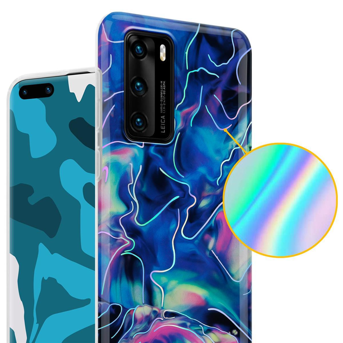 Una custodia per telefono con un design astratto colorato. Il telefono ha una fotocamera a triplo obiettivo e il logo Leica.