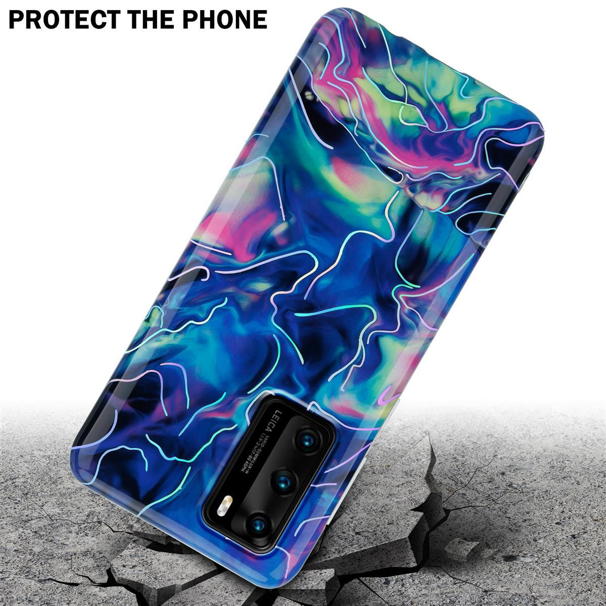 Custodia per telefono con design astratto, terreno crepato. Testo: 'Proteggi il telefono'.