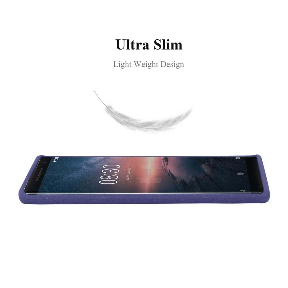 Un telefono piatto, viola, il testo dice 'Ultra Slim' con una grafica di piuma.