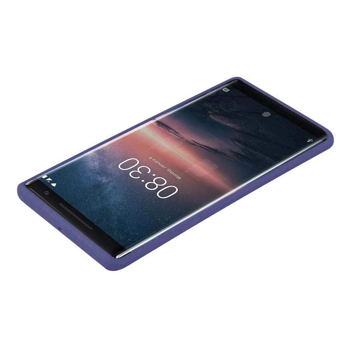 Un telefono in una custodia blu mostra l'ora 08:30. Il telefono è su una superficie bianca.
