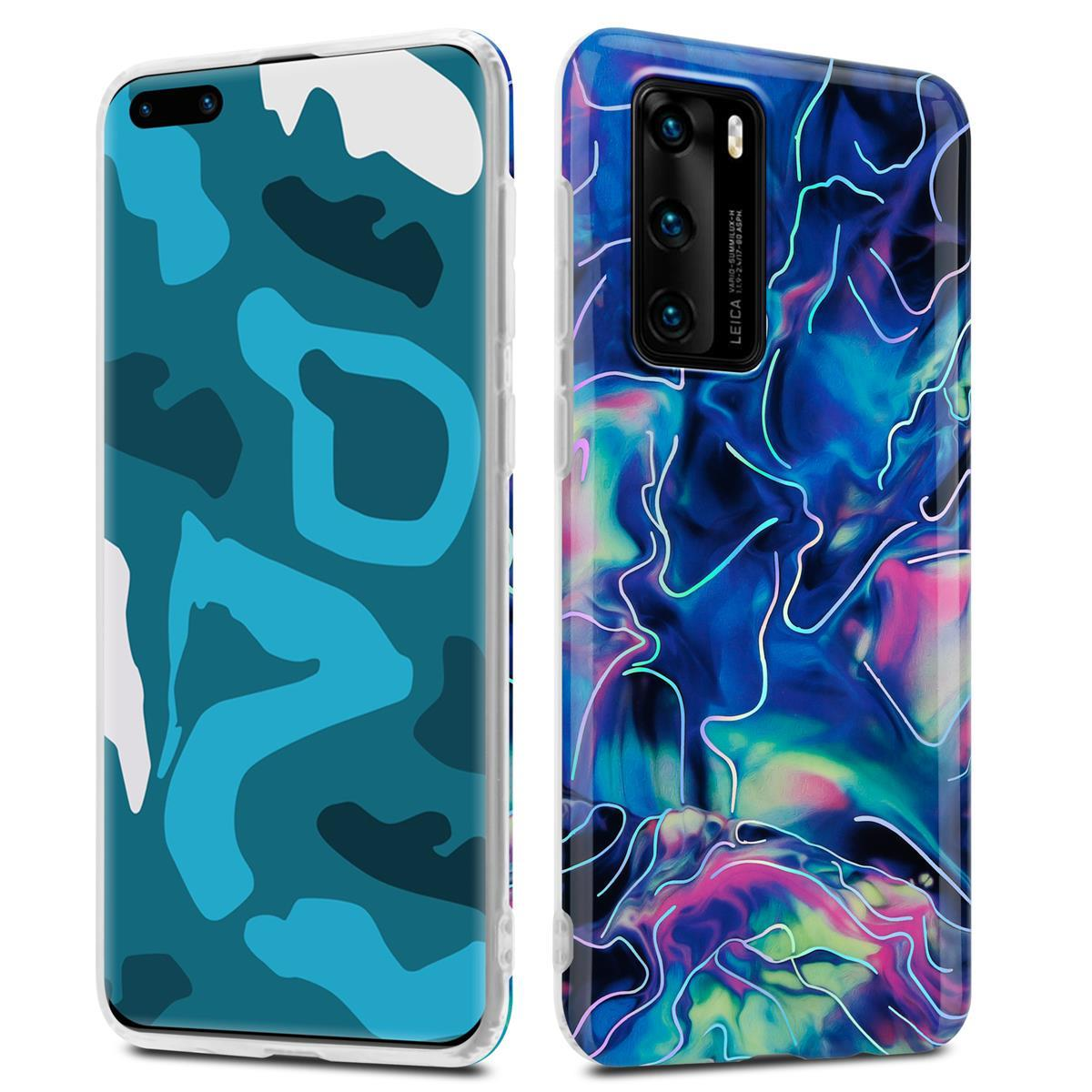 Due custodie per telefono con design colorati. Blu, bianco e nero. Motivi astratti.