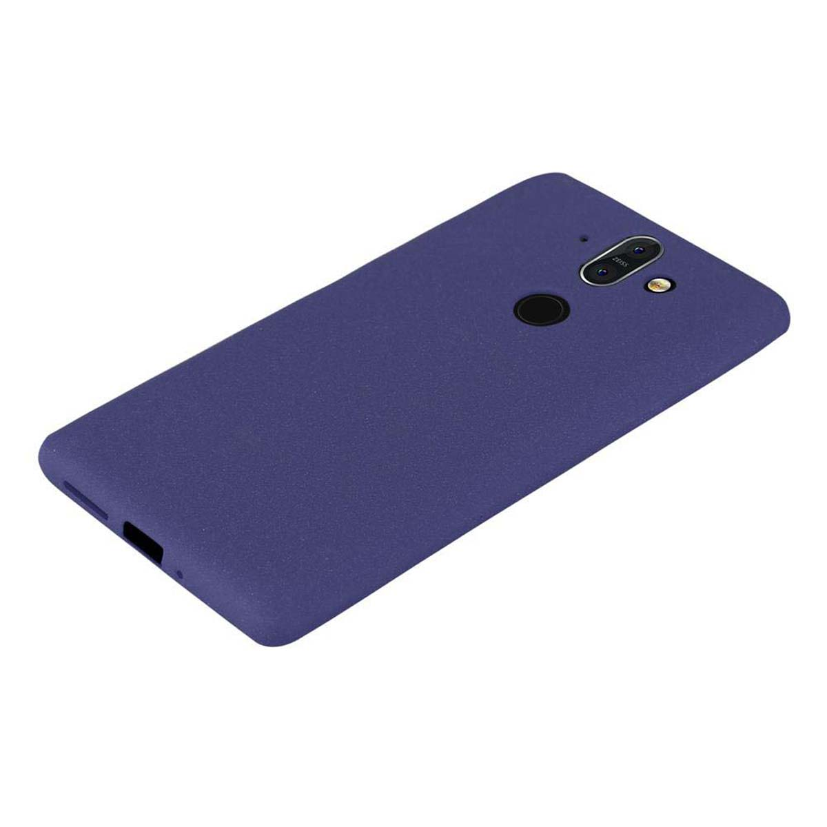 Custodia blu per telefono con una fotocamera a tre lenti. La custodia è posizionata su uno sfondo bianco.