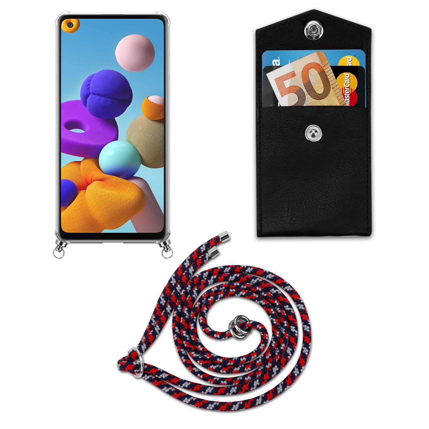 Telefono con cordino, porta carte nero con carte e denaro, e corda arrotolata rossa e nera. Sfondo bianco.
