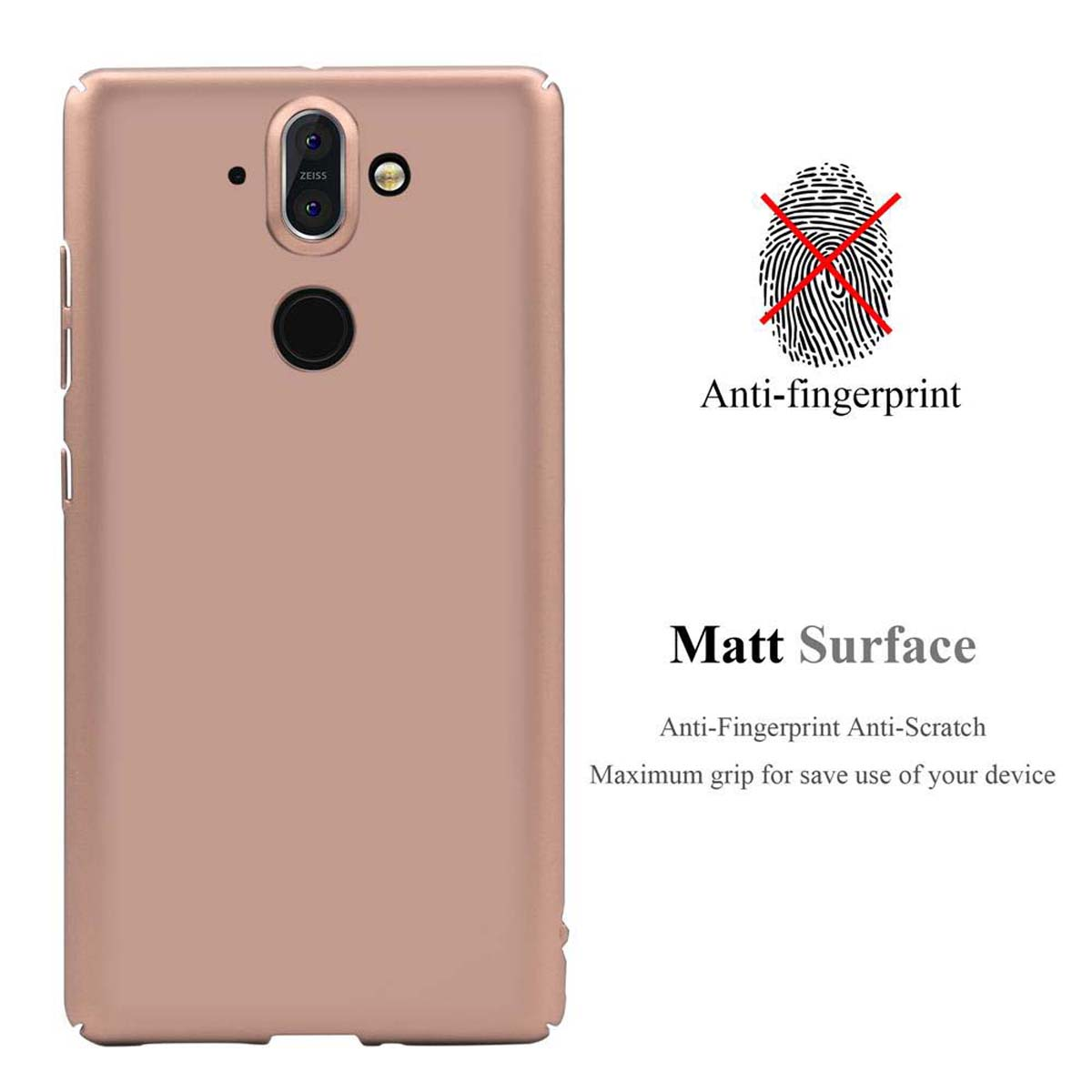 Eine roségoldene Handyhülle. Der Hintergrund ist weiß. Auf dem Bildschirm steht Text.
