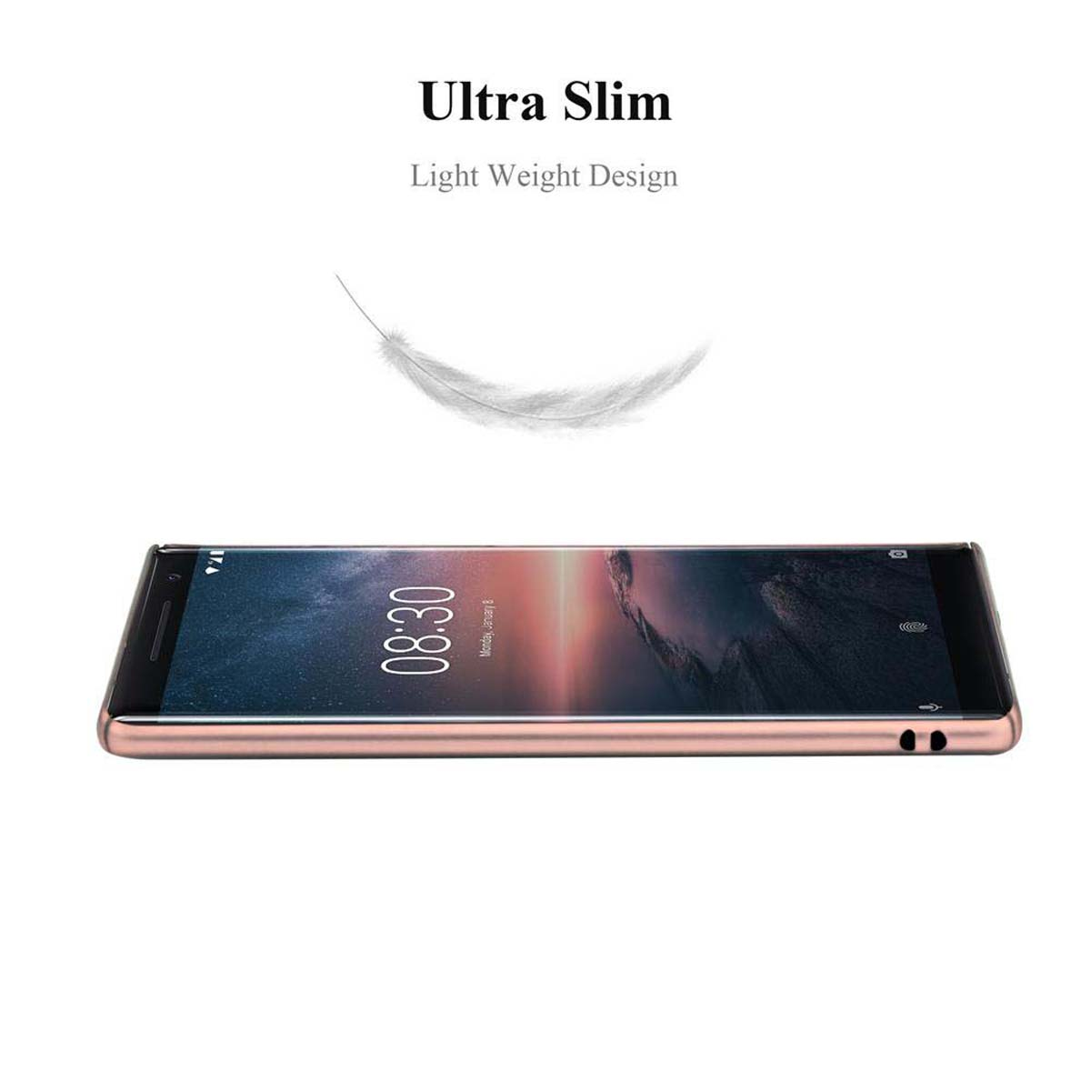 Ein Telefon auf der Seite mit dem Text 'Ultra Slim'. Es ist ein roségoldenes Telefon auf weißem Hintergrund.