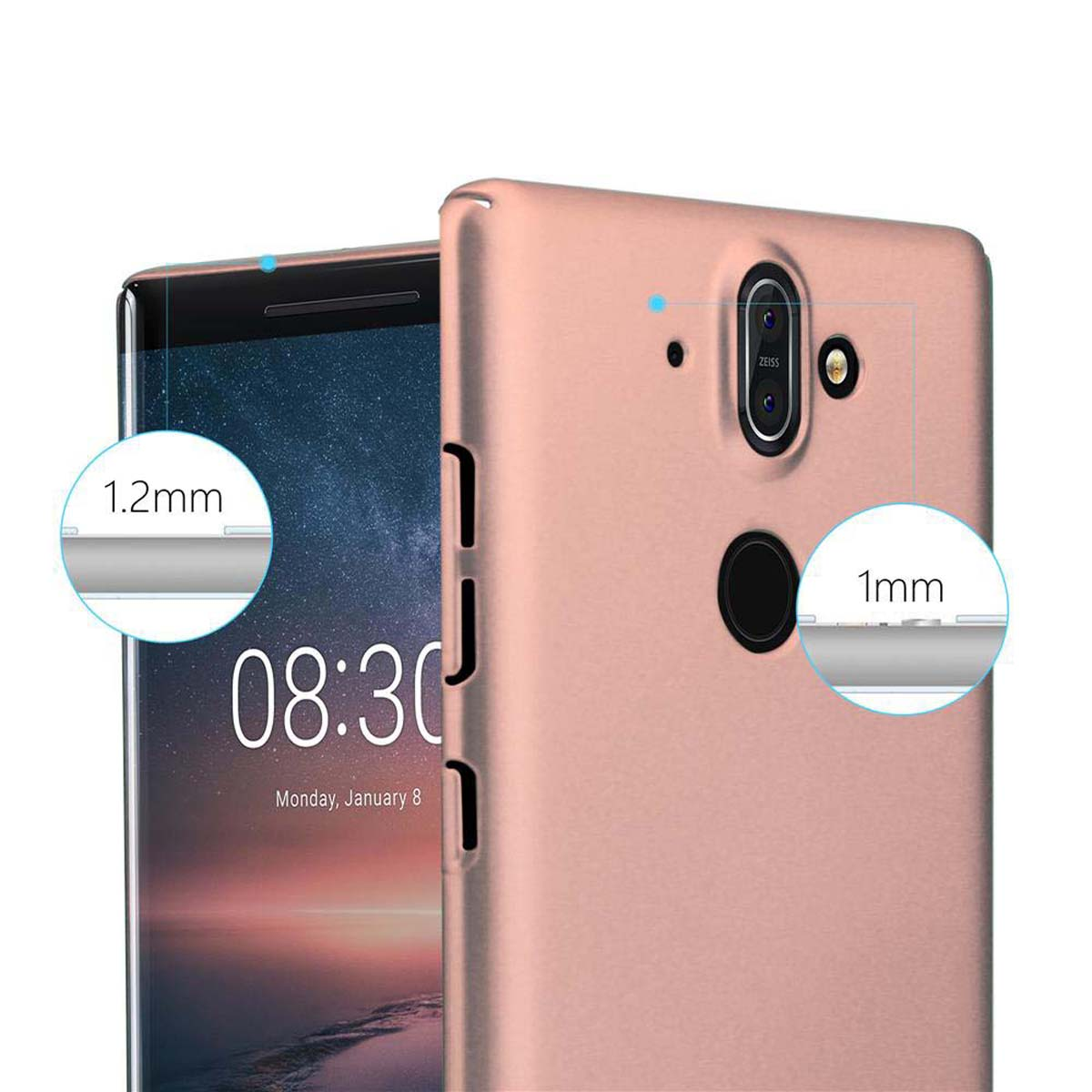 Eine roségoldfarbene Handyhülle mit sichtbarem Bildschirm. Messungen werden angezeigt. Der Bildschirm zeigt eine Uhr.