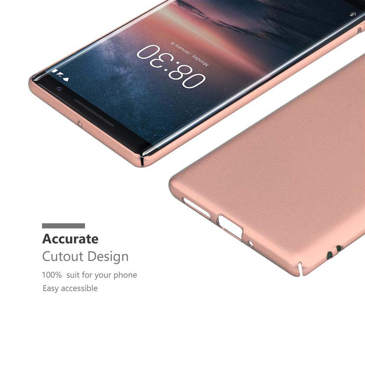 Roségoldenes Telefon mit Hülle. Das Telefon zeigt eine Uhr.
