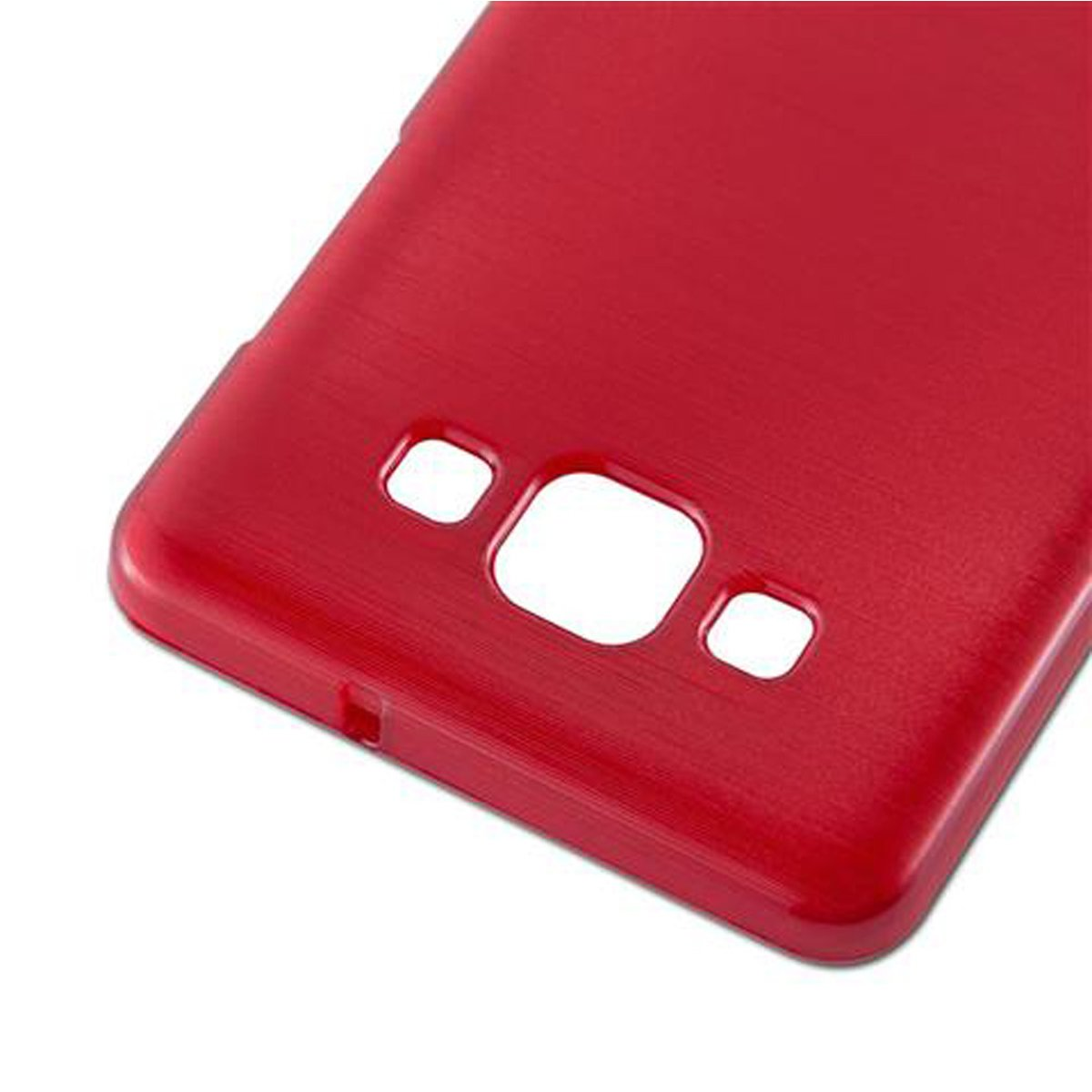 Funda de teléfono roja con recortes para cámara y botones. Tiene una textura cepillada.