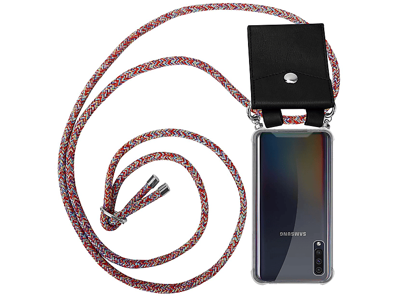 CADORABO Handy Kette mit Silber Ringen, Kordel Band und abnehmbarer Hülle, Backcover, Samsung, Galaxy A50 4G / A50s / A30s, COLORFUL PARROT | Handyketten