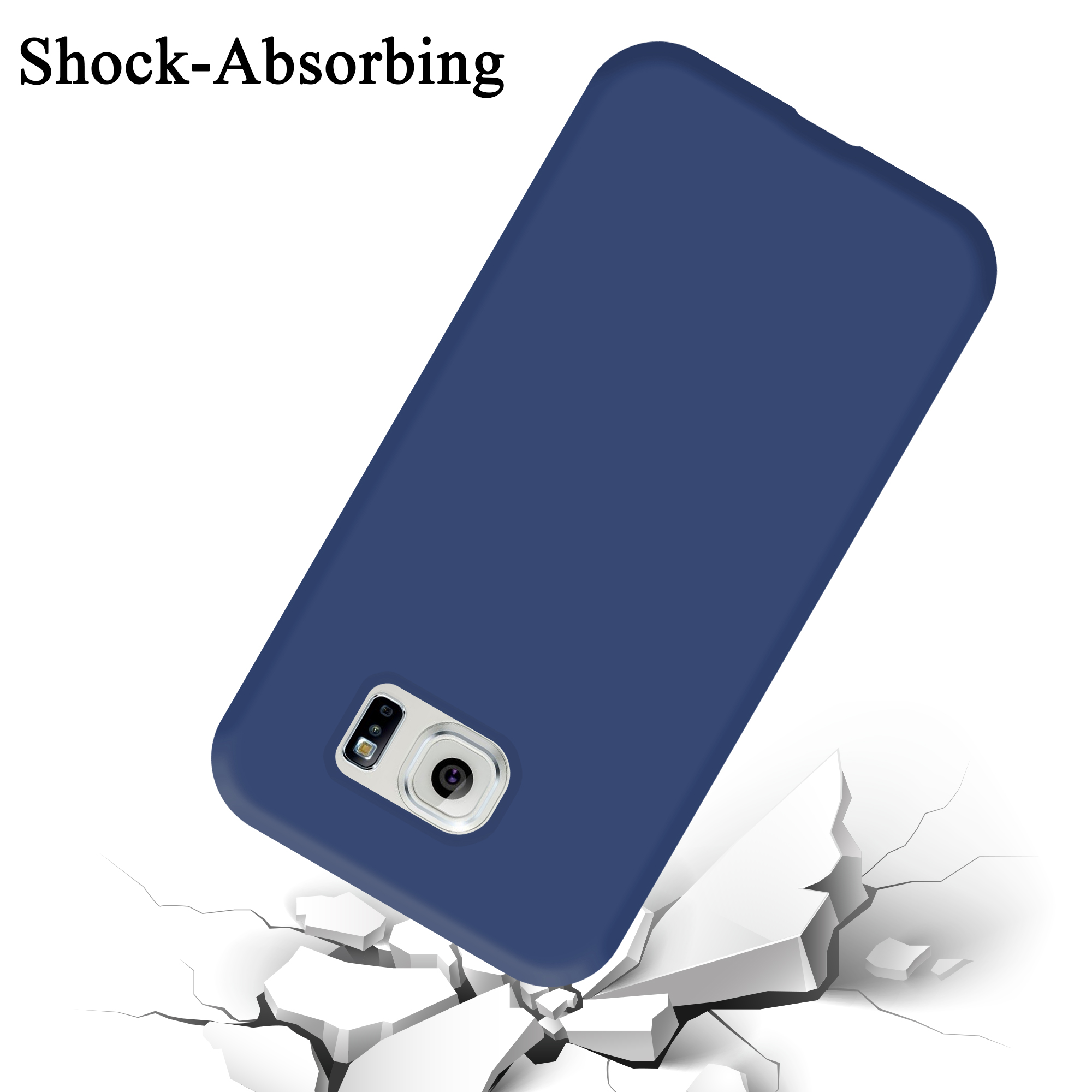 Eine blaue Handyhülle fällt, das Telefon ist sichtbar. Die Hülle zerbricht beim Aufprall, auf weißem Hintergrund.