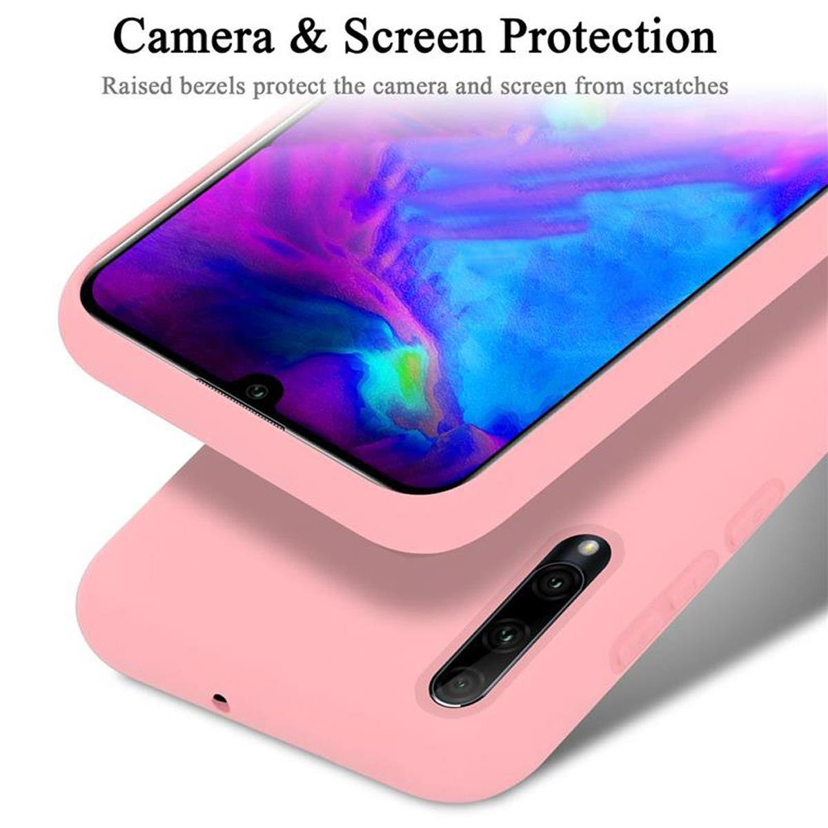 Rosa Handyhülle. Das Telefon ist rosa, Kamera und Bildschirm sind sichtbar.