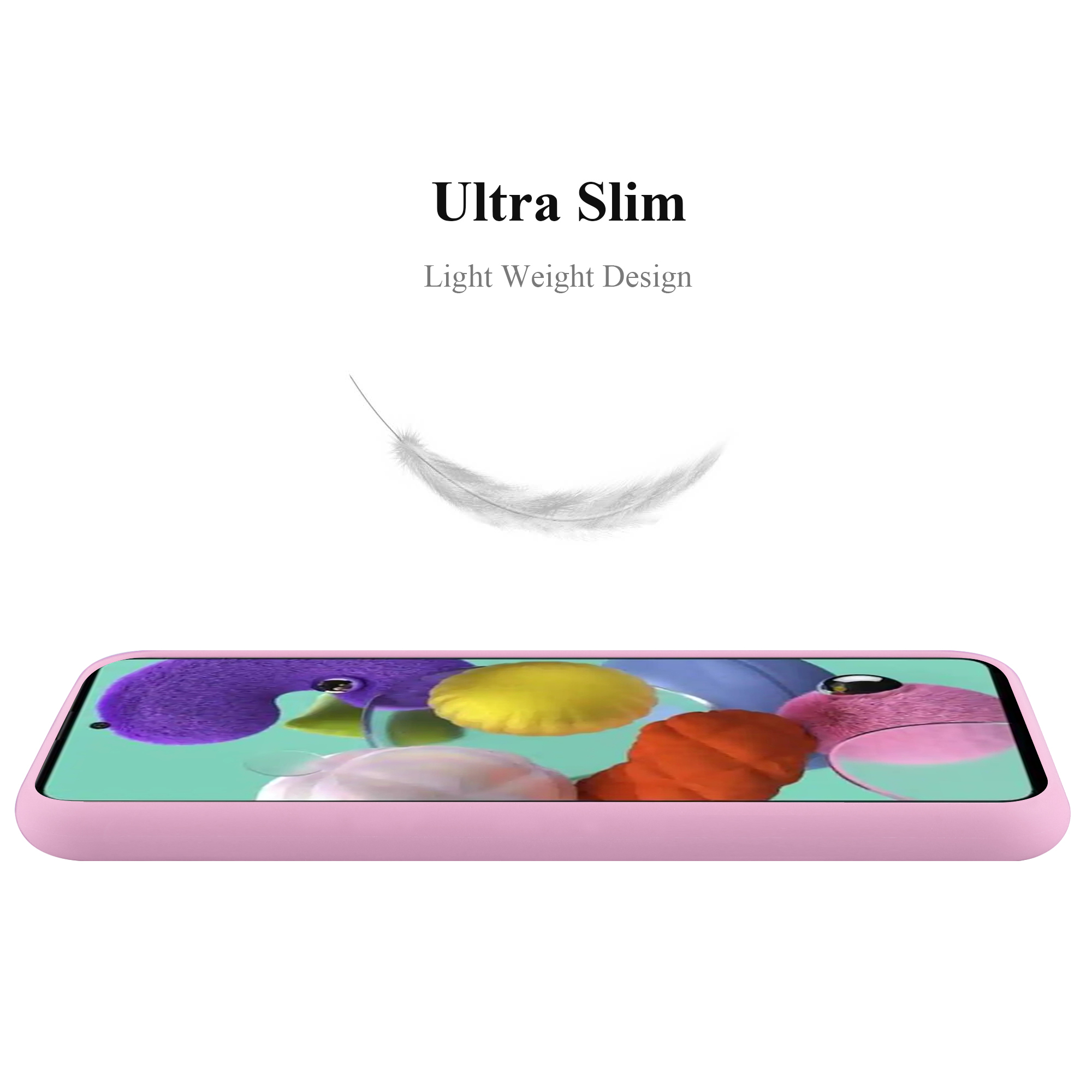 Custodia per telefono rosa con testo 'Ultra Slim' e una grafica a piuma, vista laterale del telefono.