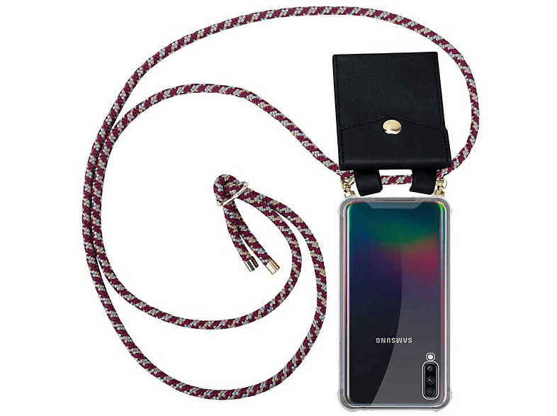 CADORABO Handy Kette mit Gold Ringen, Kordel Band und abnehmbarer Hülle, Backcover, Samsung, Galaxy A70 / A70s, ROT GELB WEIß