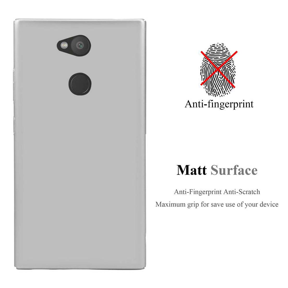 Custodia grigia per telefono con fotocamera e testo: Anti-impronte e superficie opaca.