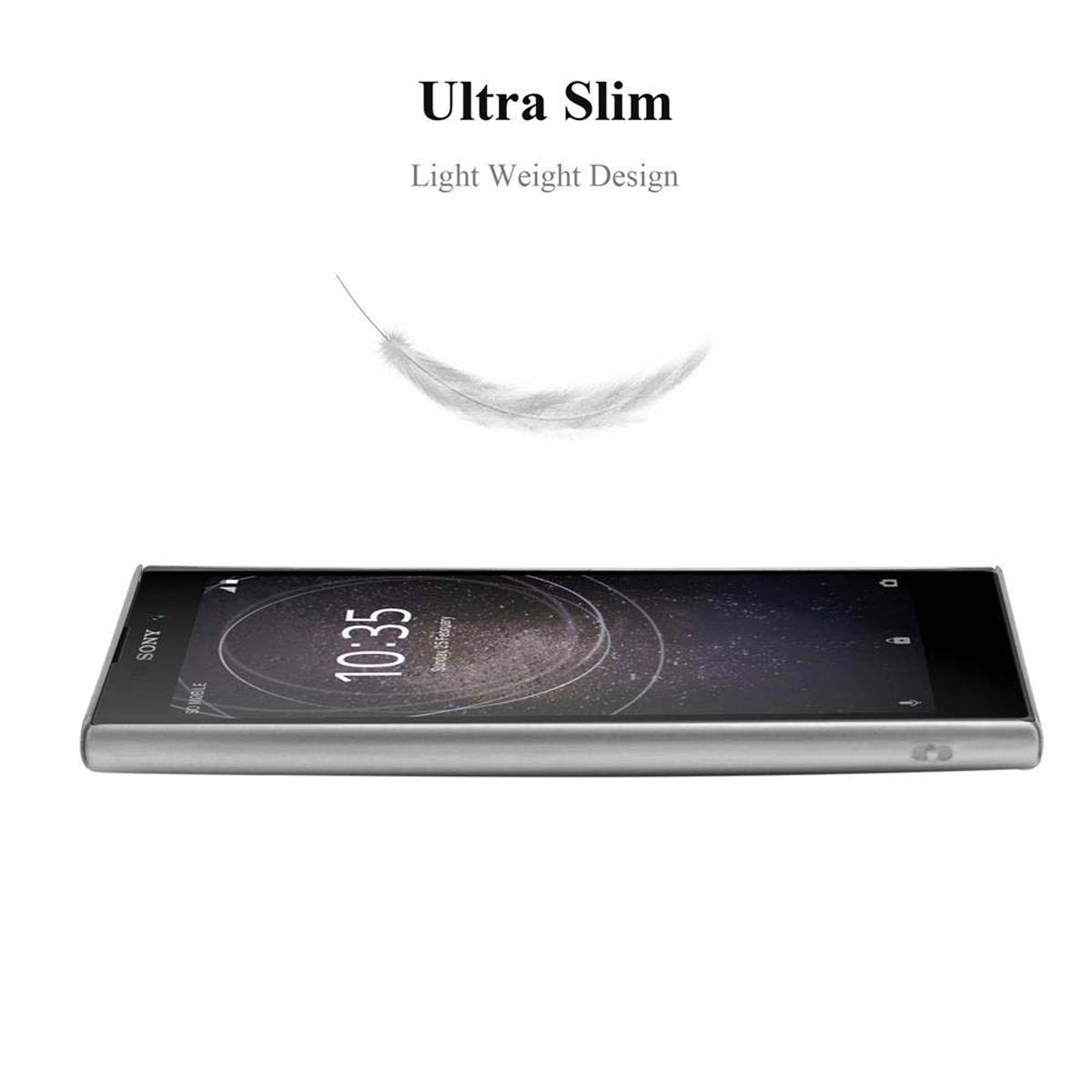 Un telefono con cornice argentata, su sfondo bianco. Testo: Ultra Slim, Design leggero.