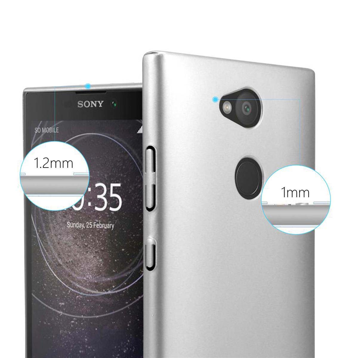 Telefono con misure, sfondo bianco. Il telefono ha dettagli da 1,2 mm e 1 mm.