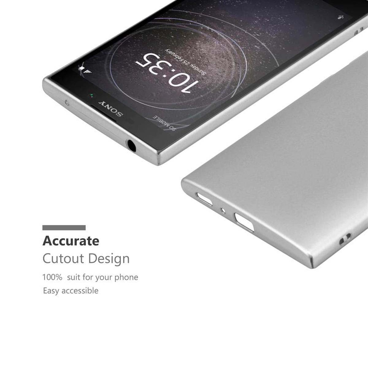 Custodia argentata per telefono con telefono. Testo: Design di ritaglio preciso. Il telefono mostra l'ora. Sfondo bianco.